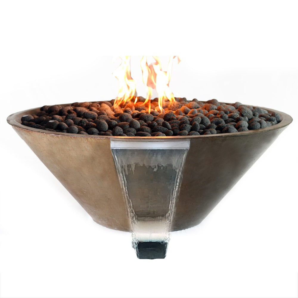 Round fire and water bowl with flames and dark lava rocks in a grey basin