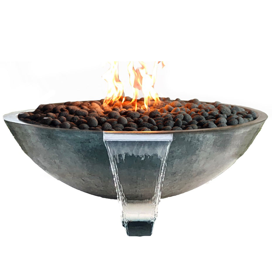 Round fire and water bowl with dark grey basin, lava rocks, and flames