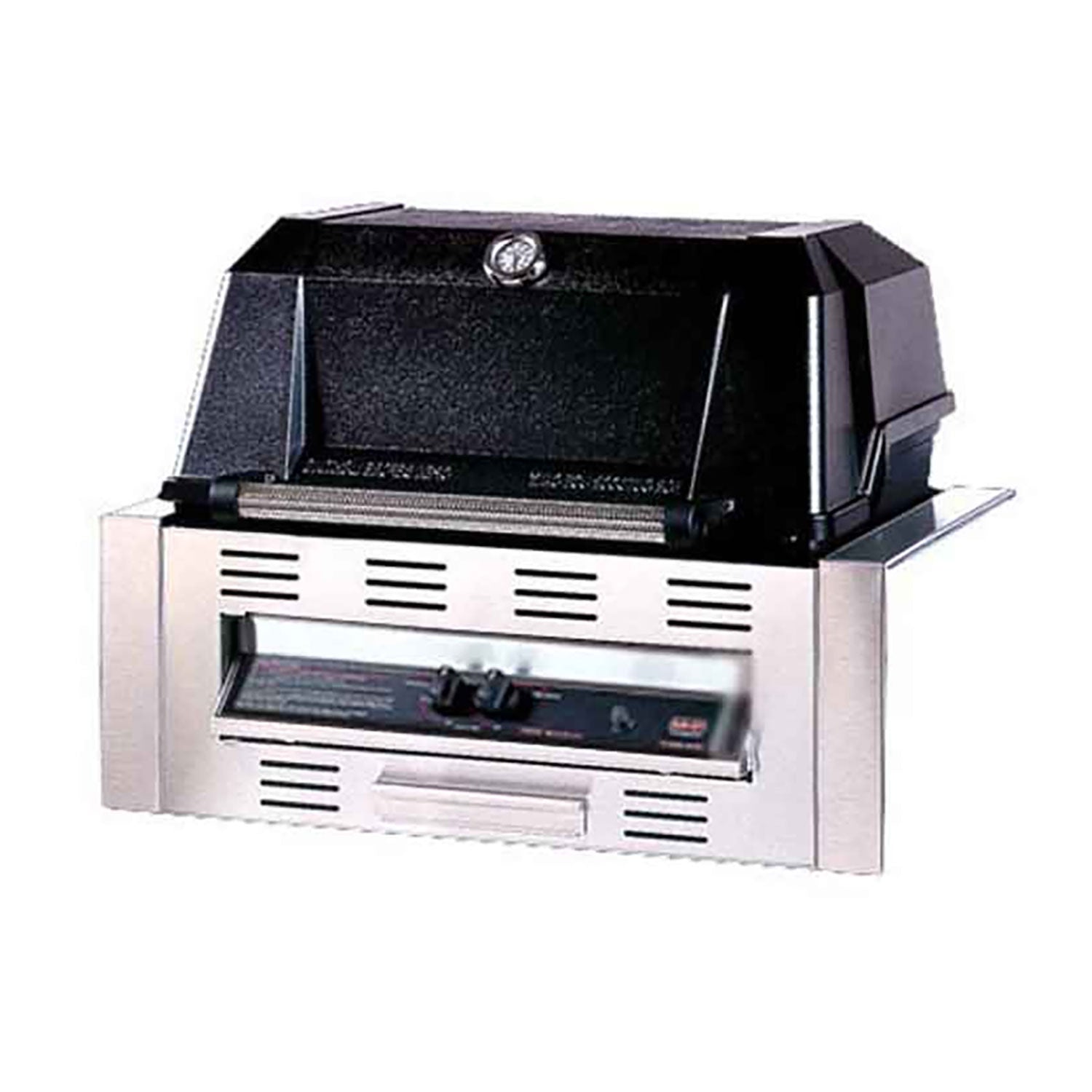 Built-in gas grill with open lid, black firebox, and stainless control panel
