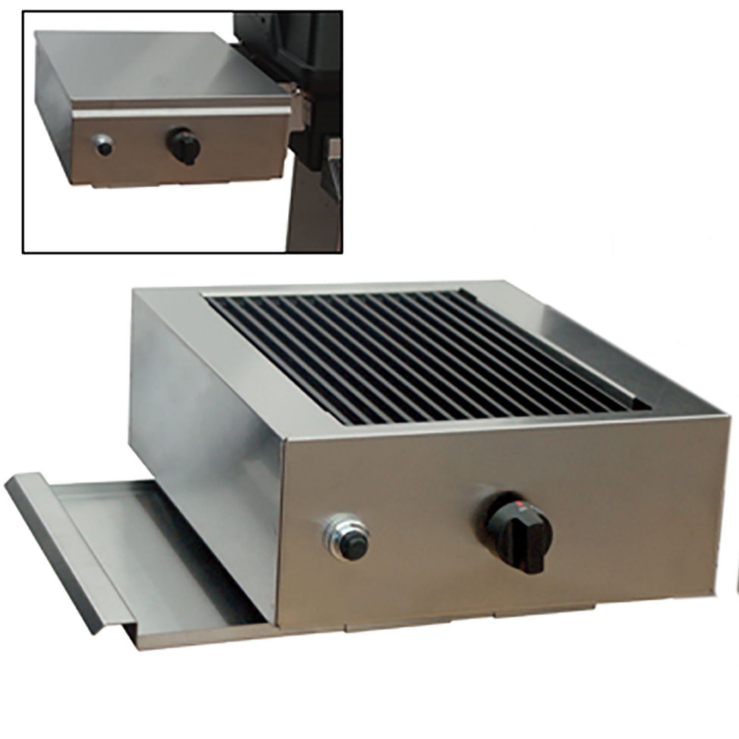 Infrared side burner with stainless steel housing, front control knob, and vented grill grate