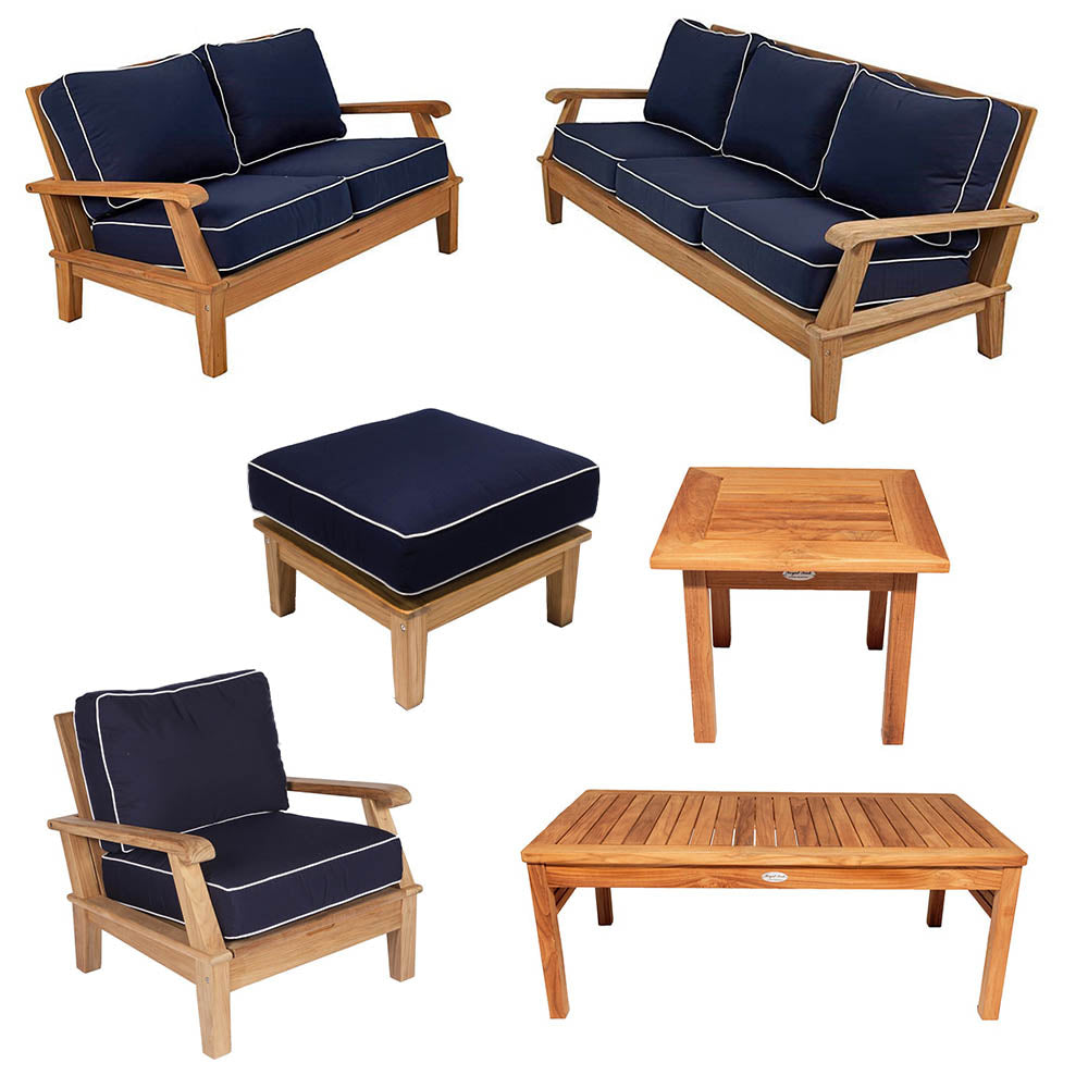 6-piece outdoor seating set with navy cushions, teak-style wood frames and tables