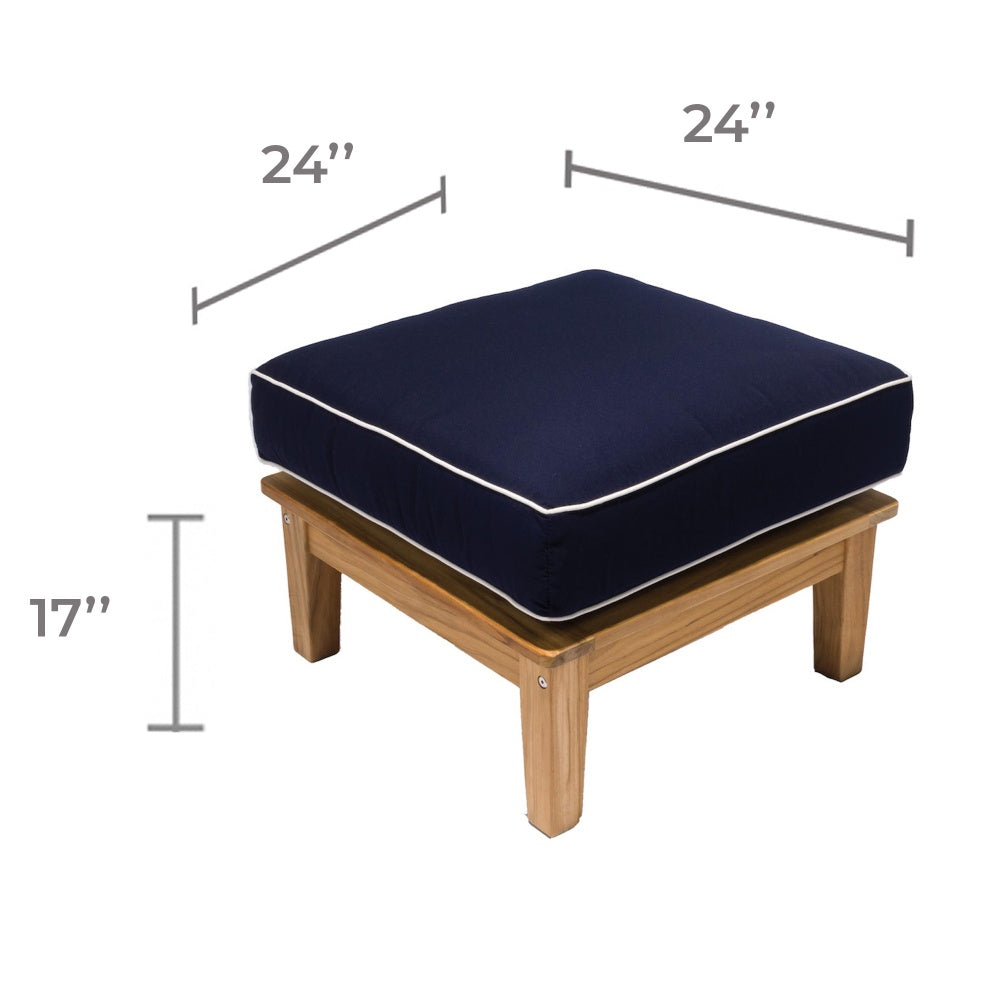 Teak outdoor ottoman with navy cushion and white piping