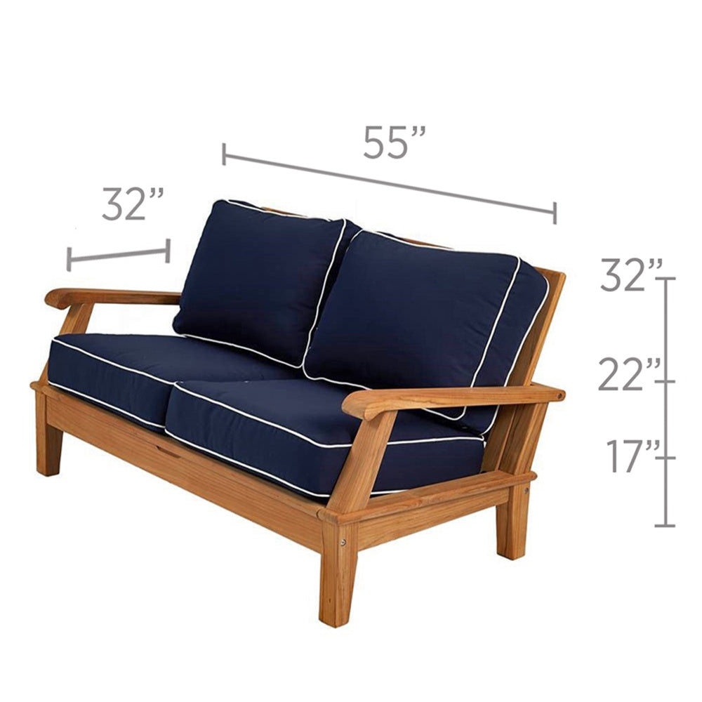Teak outdoor sofa with navy cushions and white piping, 55in long