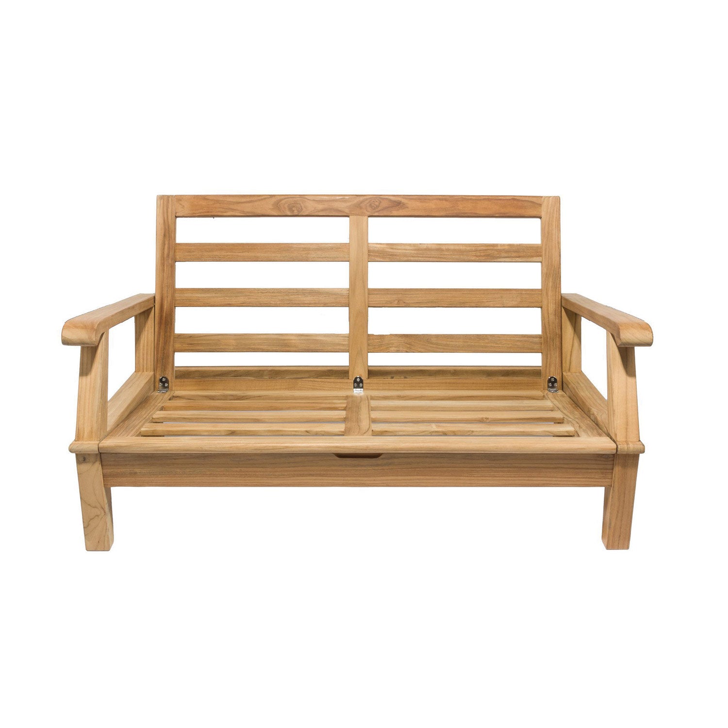 Teak loveseat frame with slatted seat and back, armrests, and cross supports