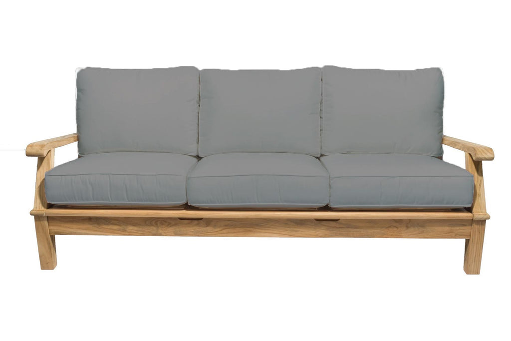 Teak outdoor sofa with gray cushions and three back pillows