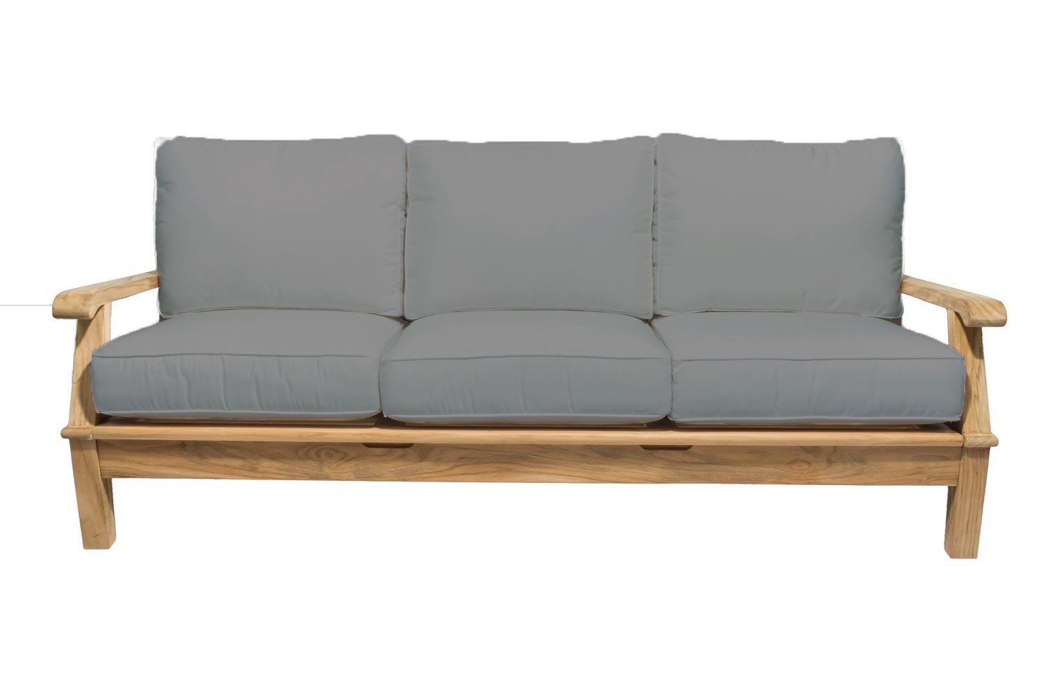 Teak outdoor sofa with gray cushions and three back pillows