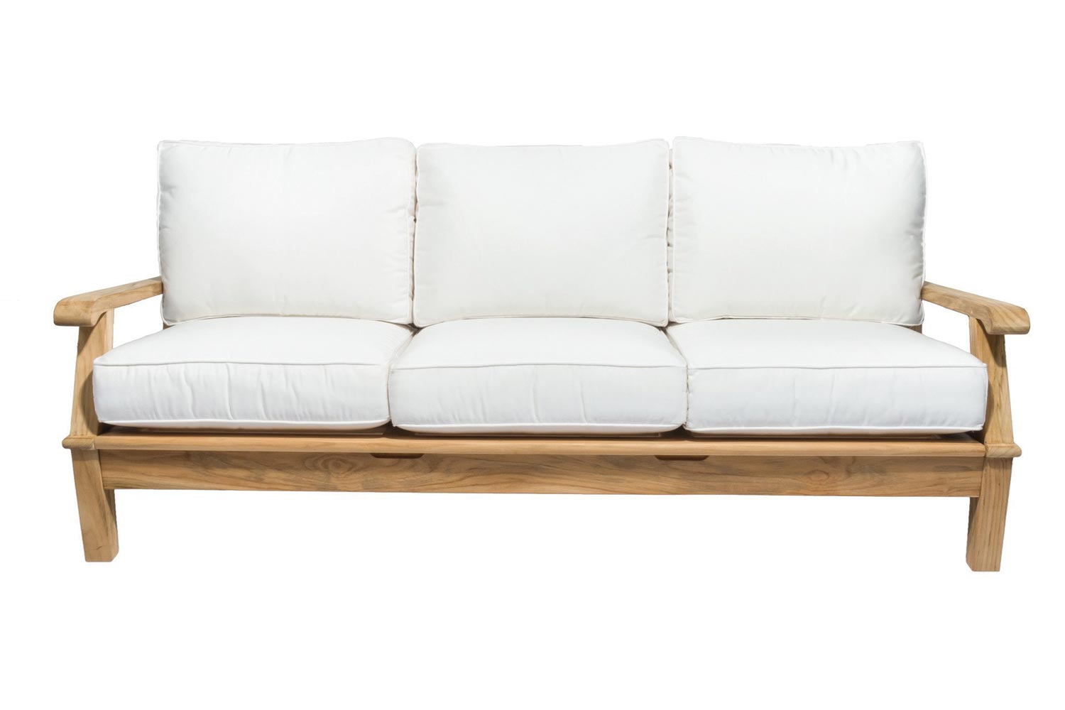 Teak outdoor sofa with white cushions and three back pillows