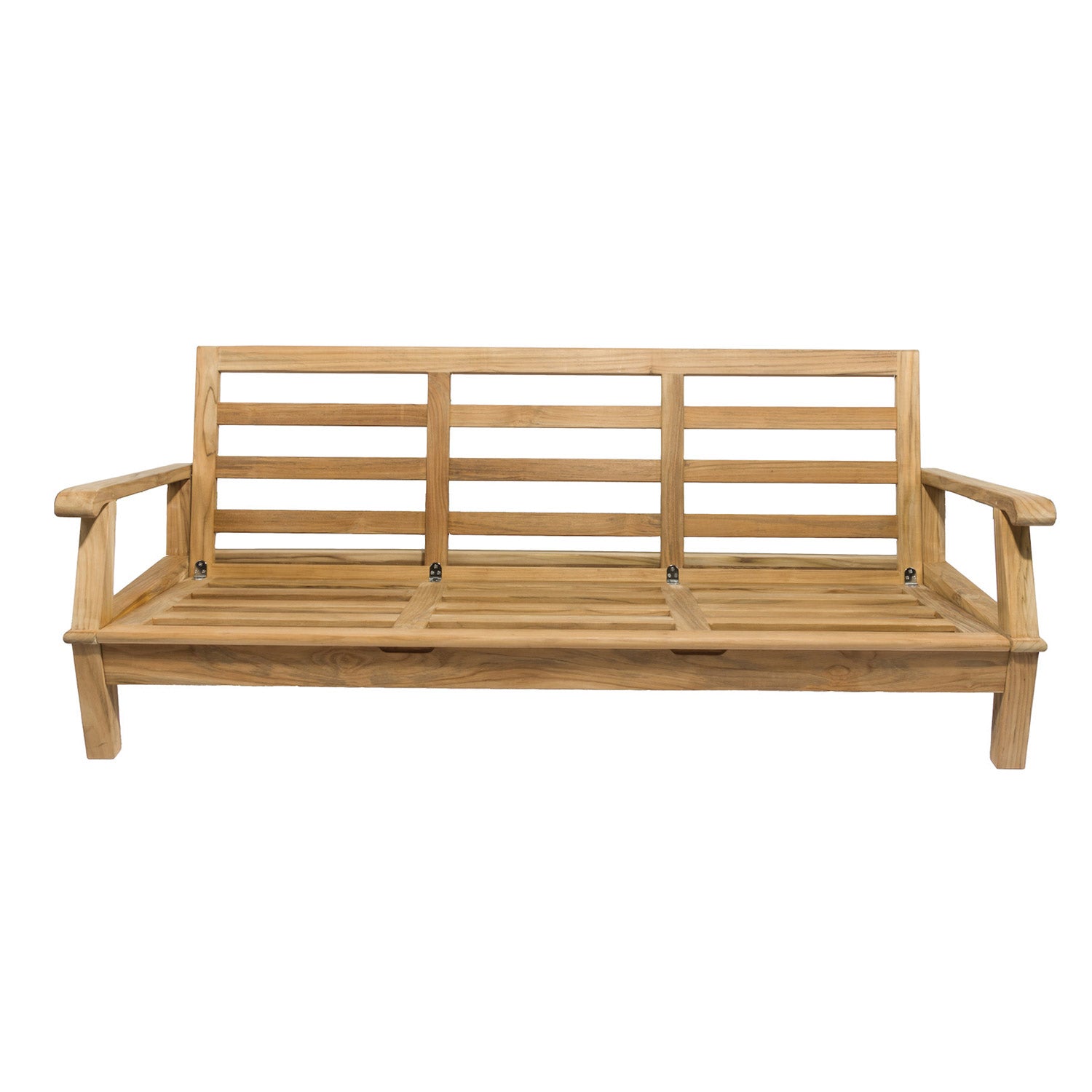 Teak patio sofa frame with slatted backrest, armrests, and wide seat