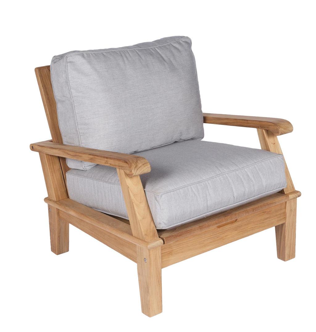Miami chair with gray cushion and natural teak frame, padded armchair.