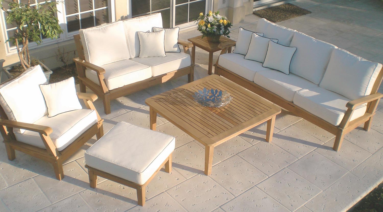 Miami chair set with light cushions and natural teak frames, outdoor lounge seating.
