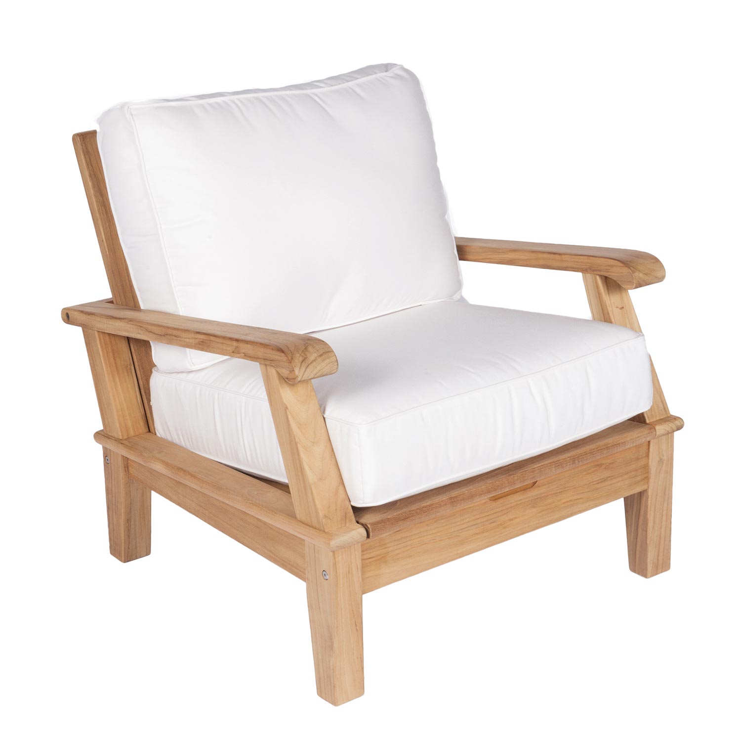 Miami chair with white cushion and natural teak frame, single-seat armchair.