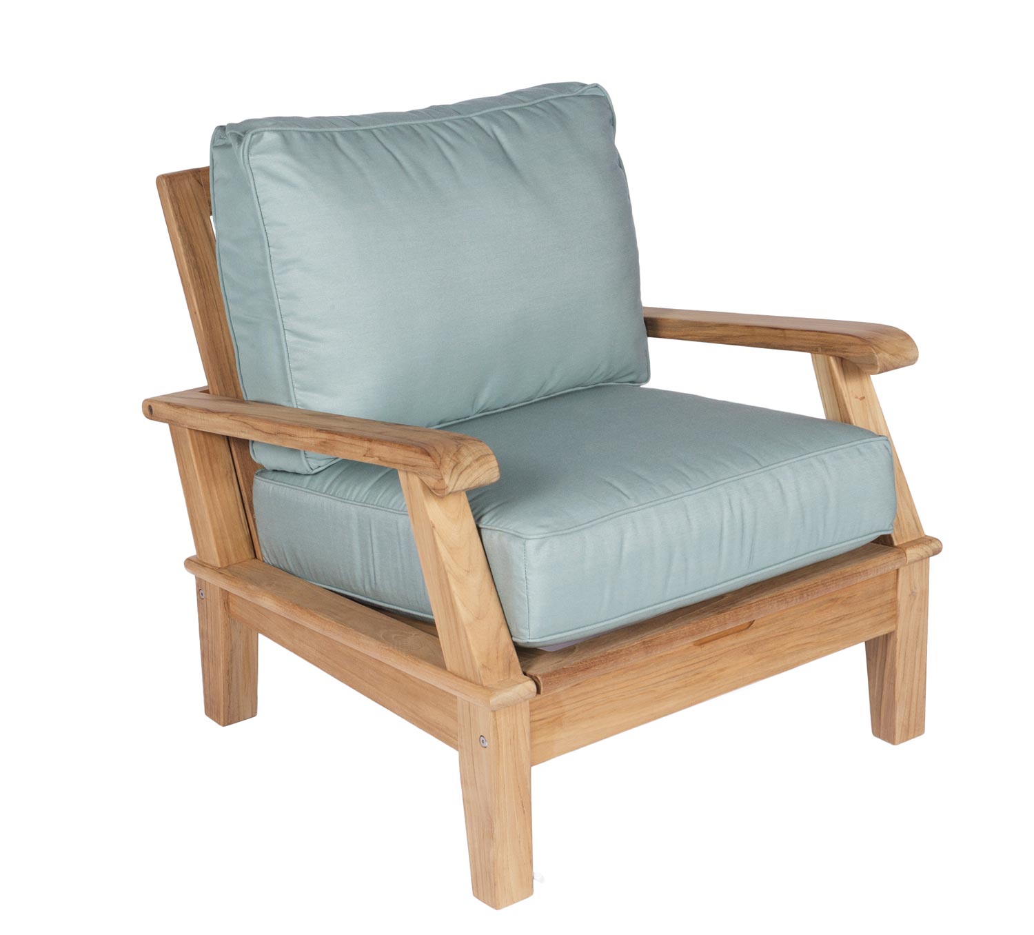 Miami chair with light blue cushion and natural teak frame, padded outdoor armchair.