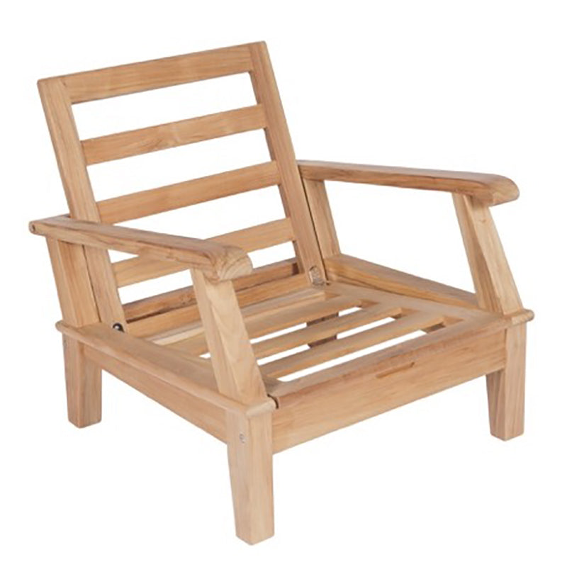 Natural teak chair frame with slatted seat and back, armrests, and squared legs