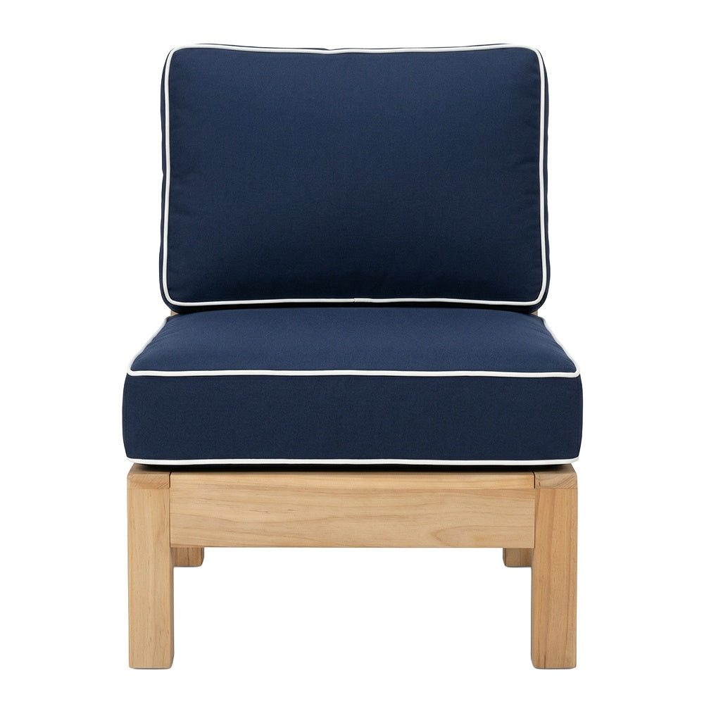 Sectional chair insert with navy cushion and white piping, rectangular back and seat
