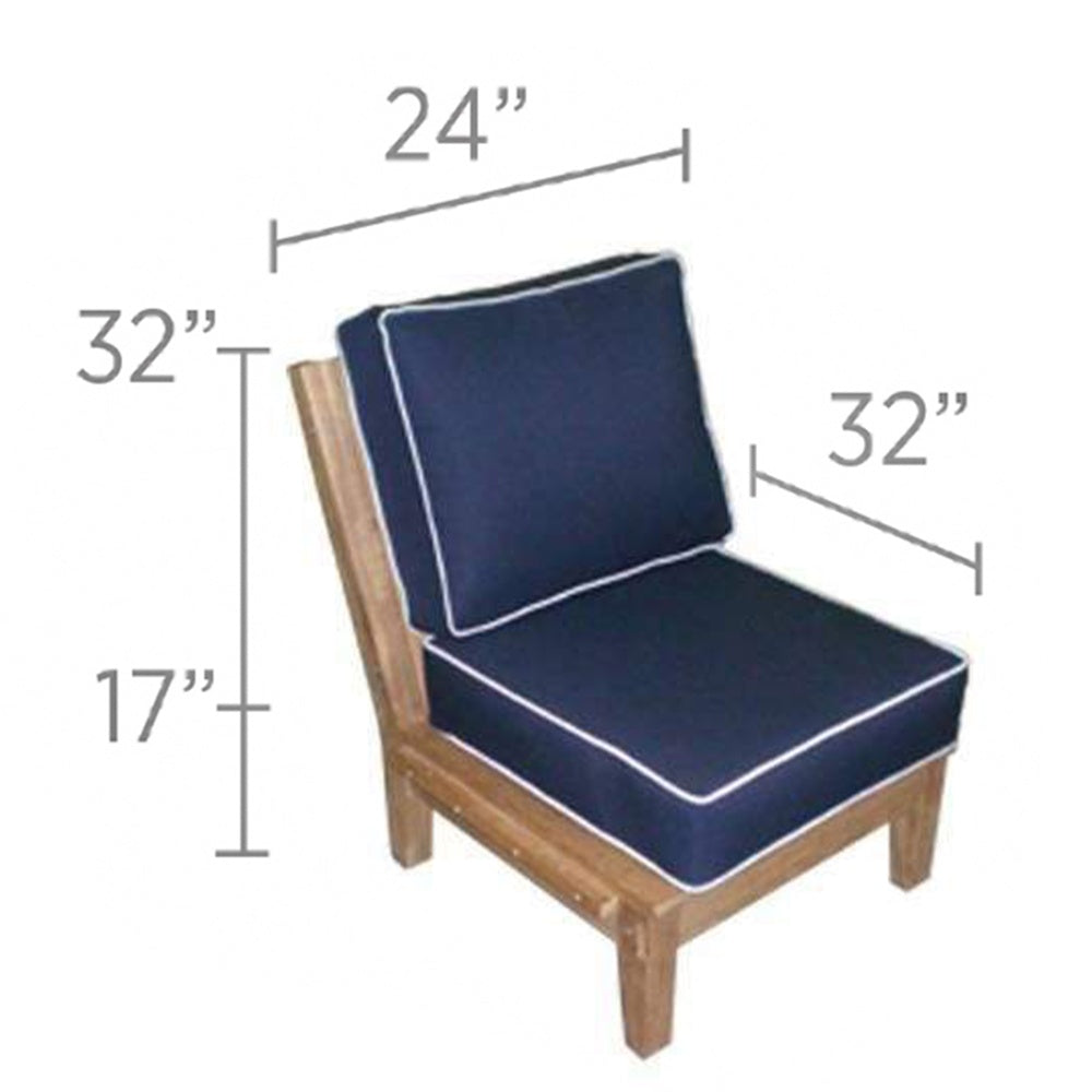 Sectional chair insert with dark navy cushion and white piping on light wood legs