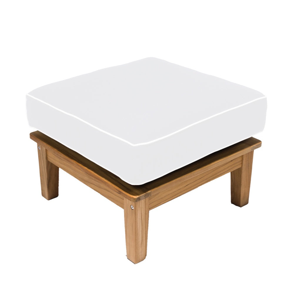 Square outdoor ottoman with white cushion and light wood legs