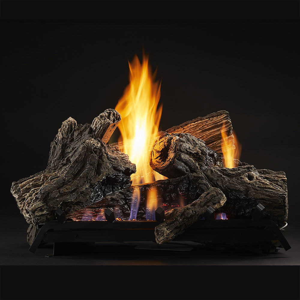Vent-free gas log set with burning flames and dark realistic log pieces on black grate