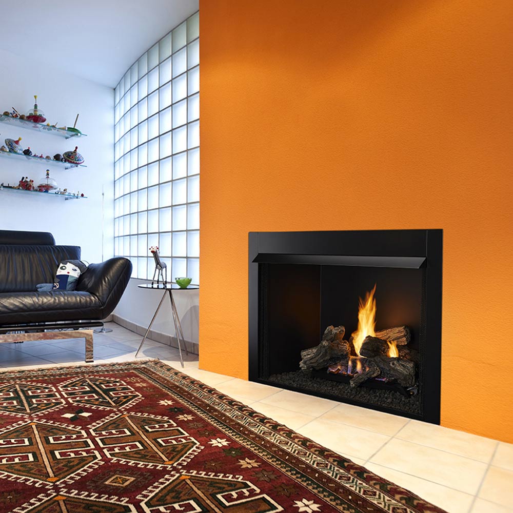 Vent-free gas log fireplace insert with burning flames and dark logs inside black frame