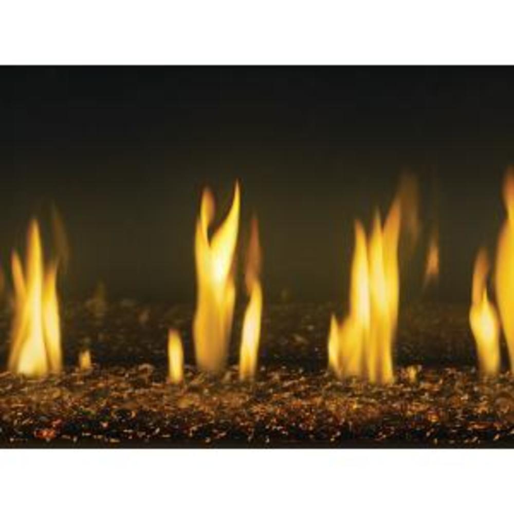 Amber glass fireplace media with glowing ember bed and flames