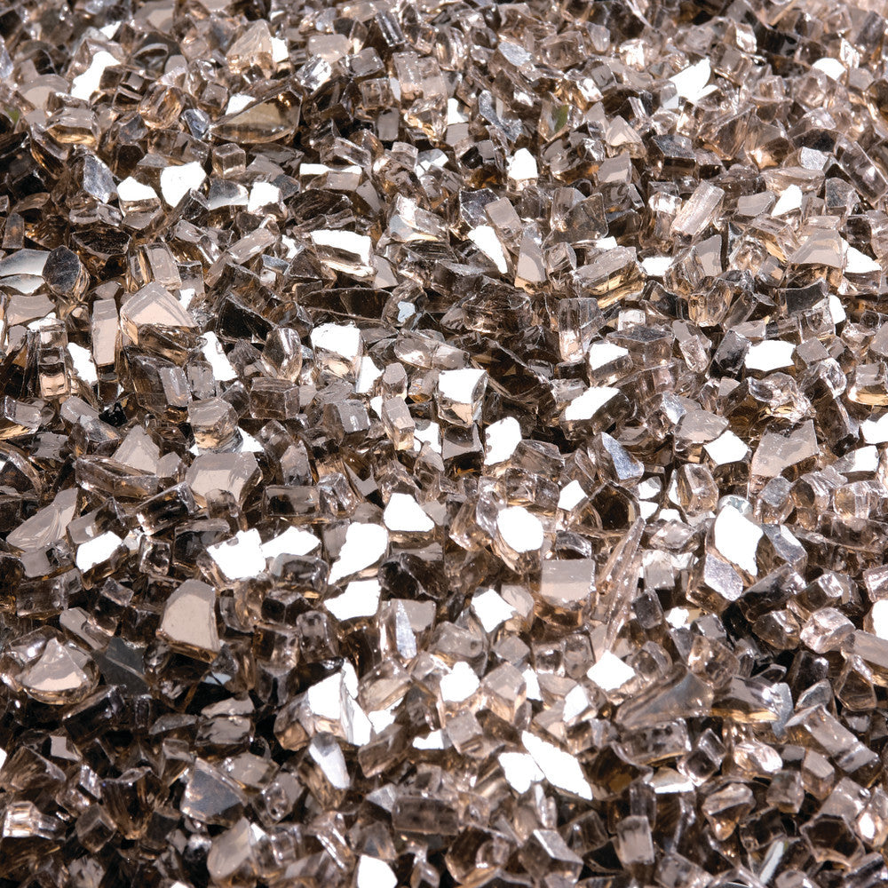 Glass embers media kit with scattered silver-brown reflective glass shards