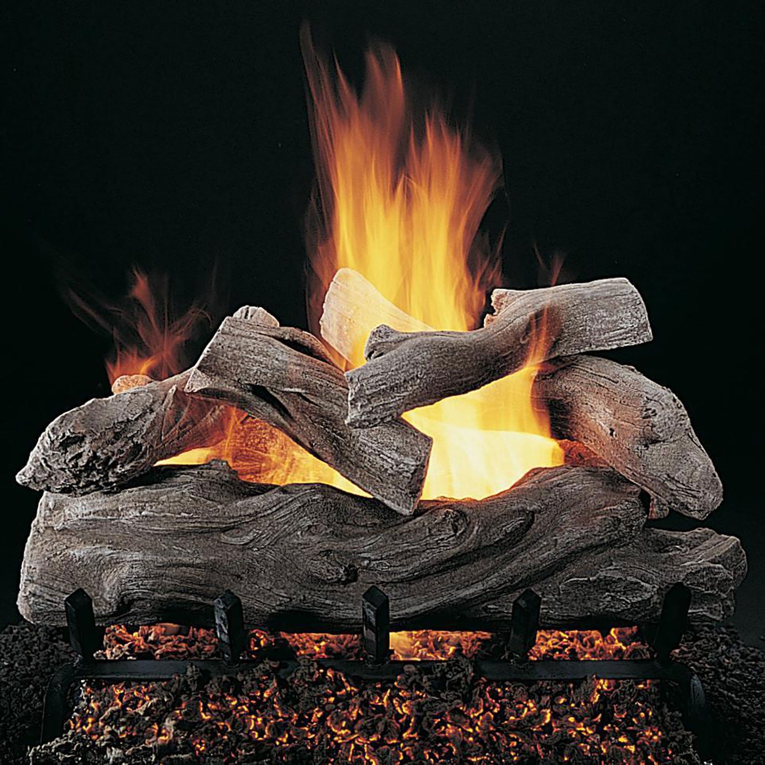 Rasmussen DF-ML Manzanita double-sided gas log set with glowing flames and stacked logs
