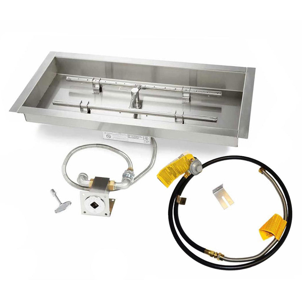 Burner pan with match light ignition kit and black gas hose with yellow fittings