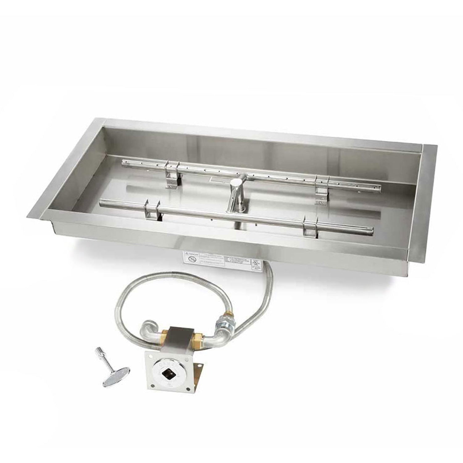 Stainless rectangular burner pan with match light hose and control valve