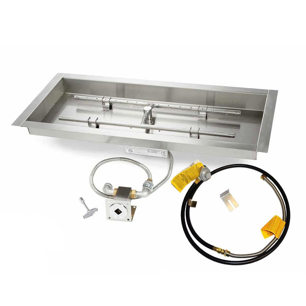 Rectangular burner pan with ignition hose and black gas line with yellow connectors