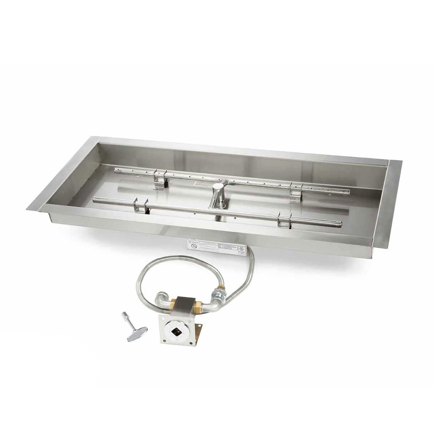 Rectangular stainless fire pit burner pan with match light gas manifold