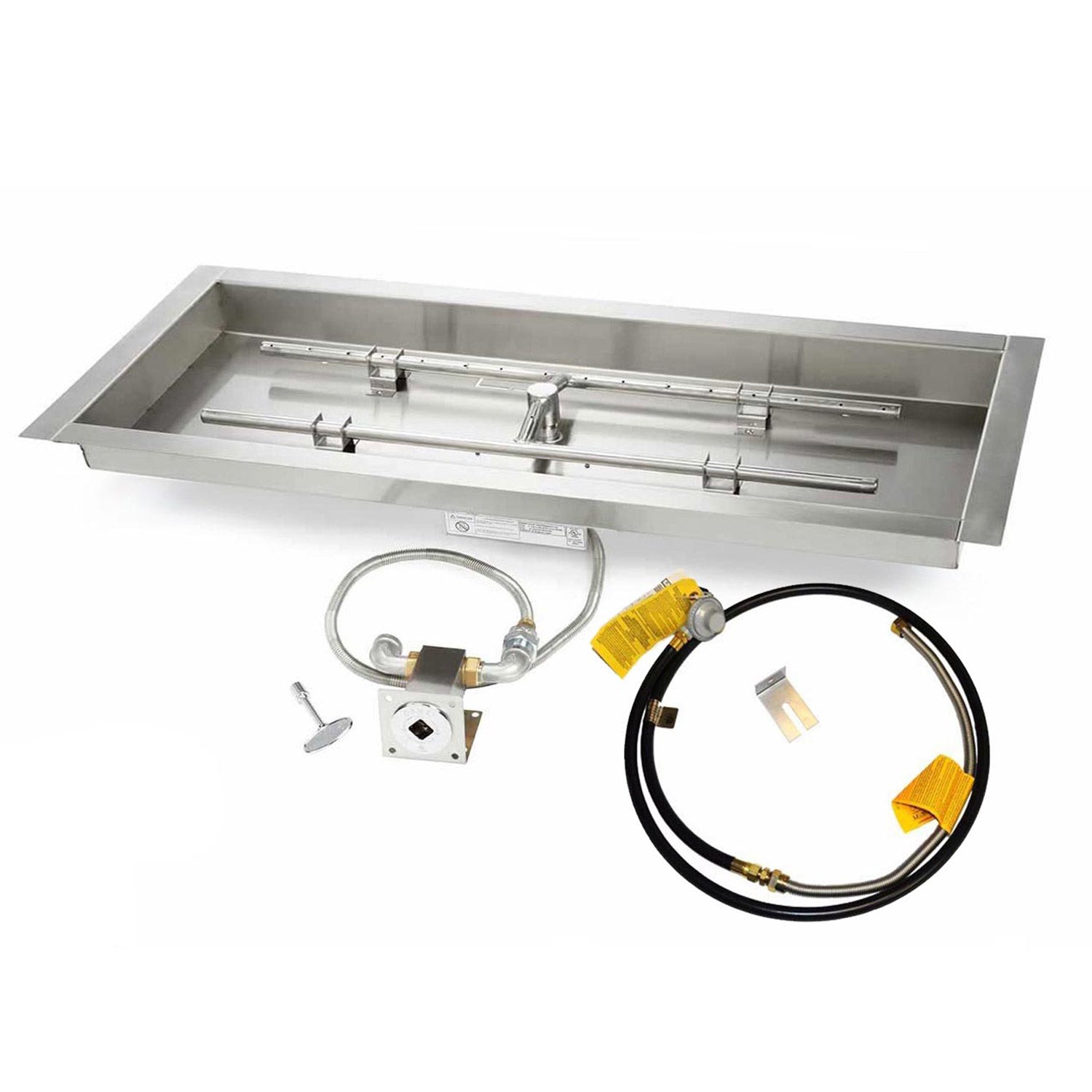 Burner pan with match light ignition valve, black gas hose, and yellow regulator fittings
