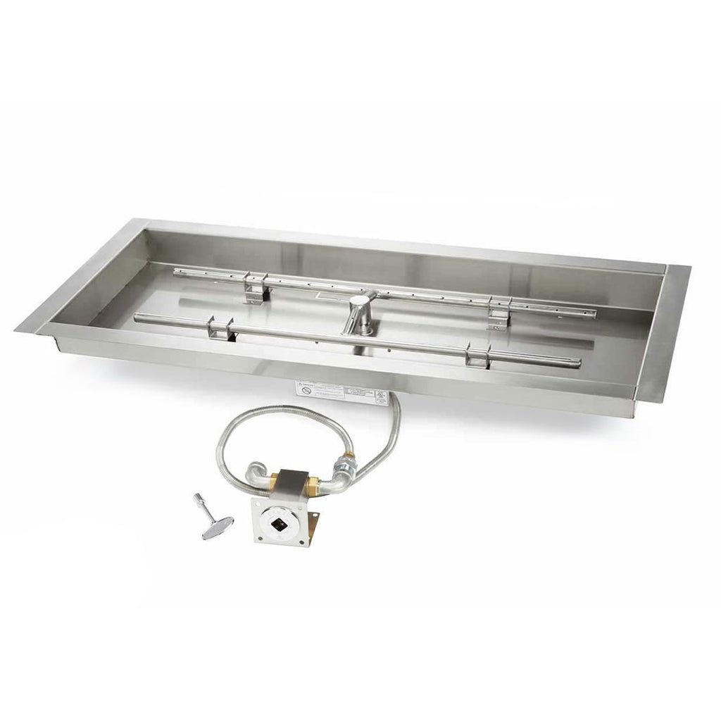 Rectangular stainless burner pan with match light ignition hose and control valve