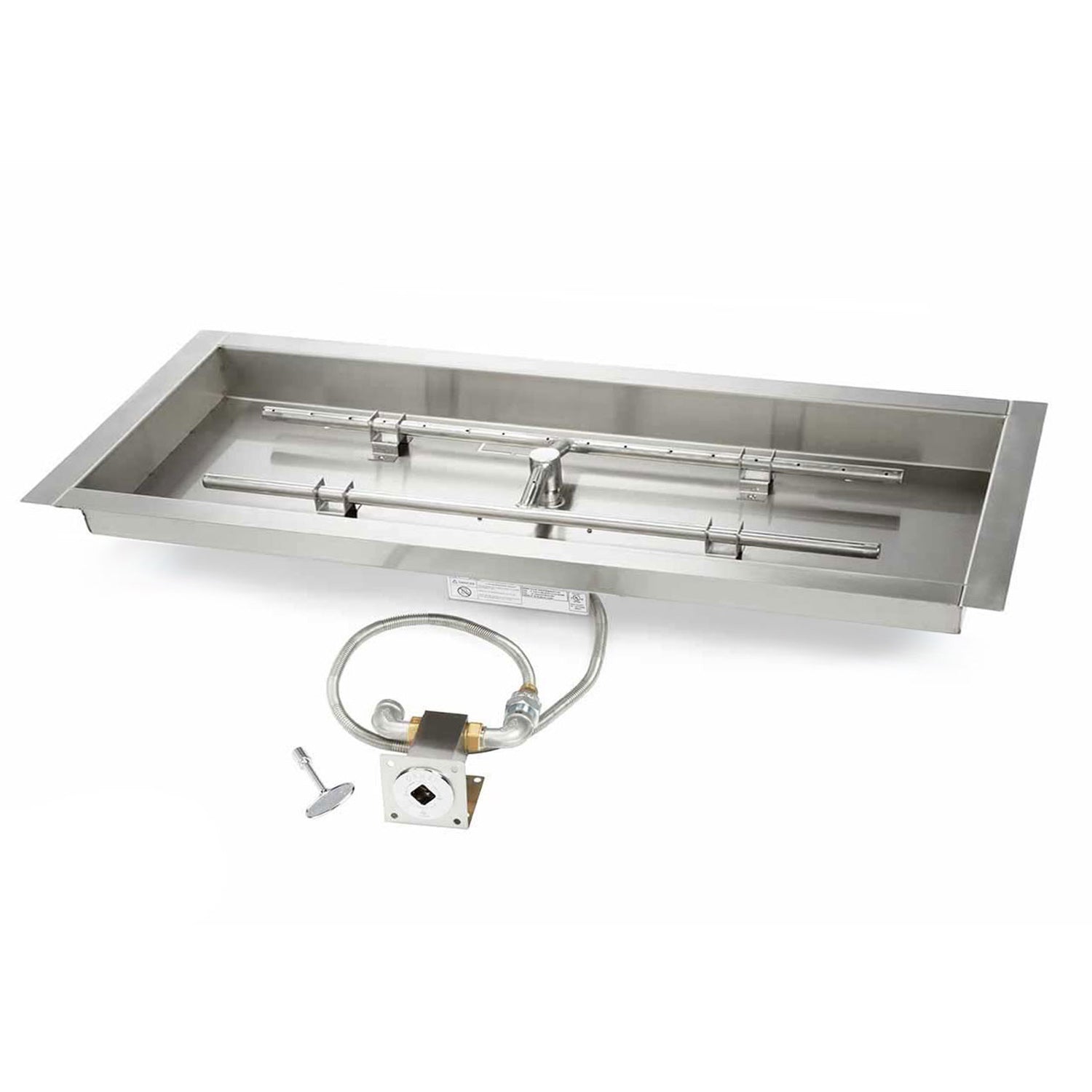 Rectangular stainless burner pan with match light ignition hose and control valve