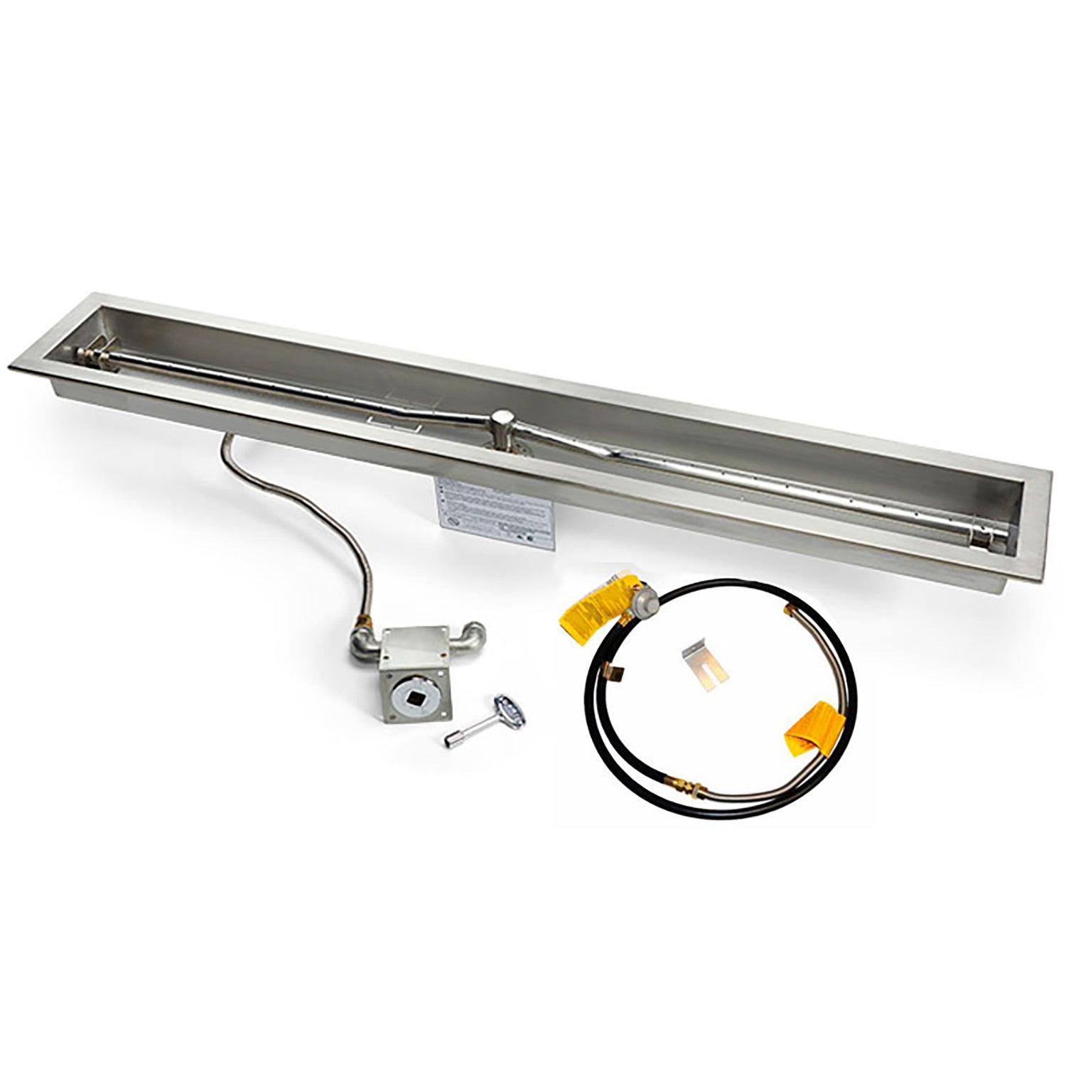 Linear gas fire pit burner kit with trough pan, ignition module, and gas hose
