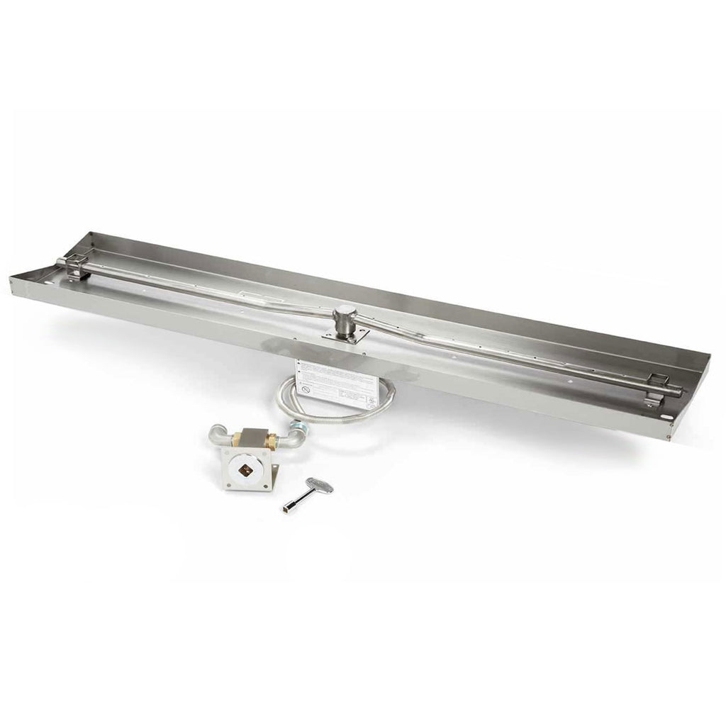 Rectangular burner pan assembly with gas line and ignition components, stainless steel