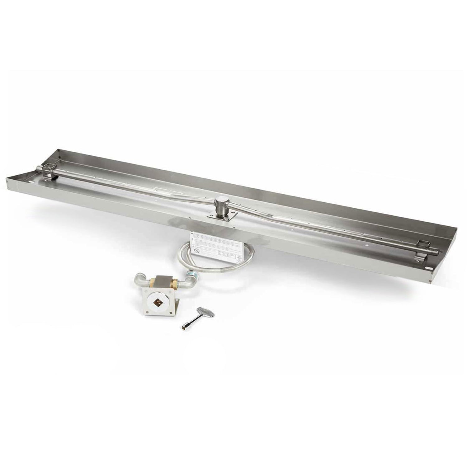 Rectangular burner pan assembly with gas line and ignition components, stainless steel