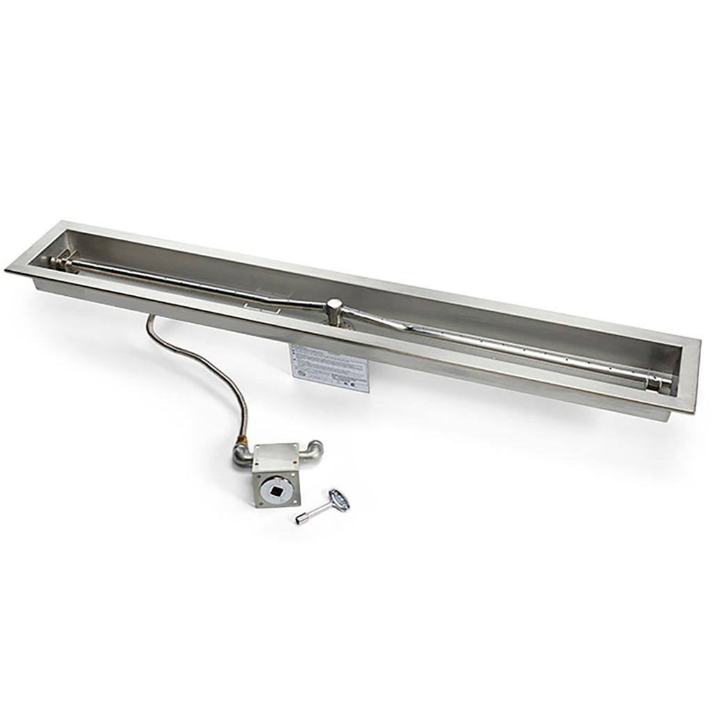 Linear gas fire pit burner kit with metal trough pan and torpedo ignition valve