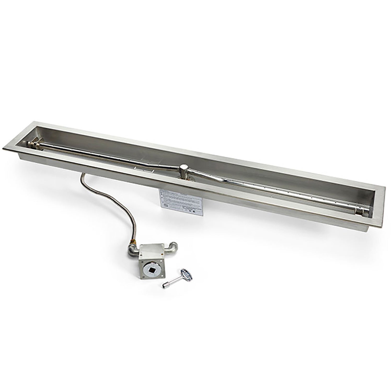 Linear gas fire pit burner kit with metal trough pan and torpedo ignition valve