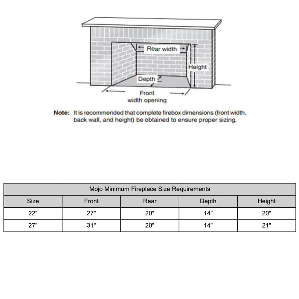 Fireplace size requirement diagram for vent-free gas log set, with opening measurements
