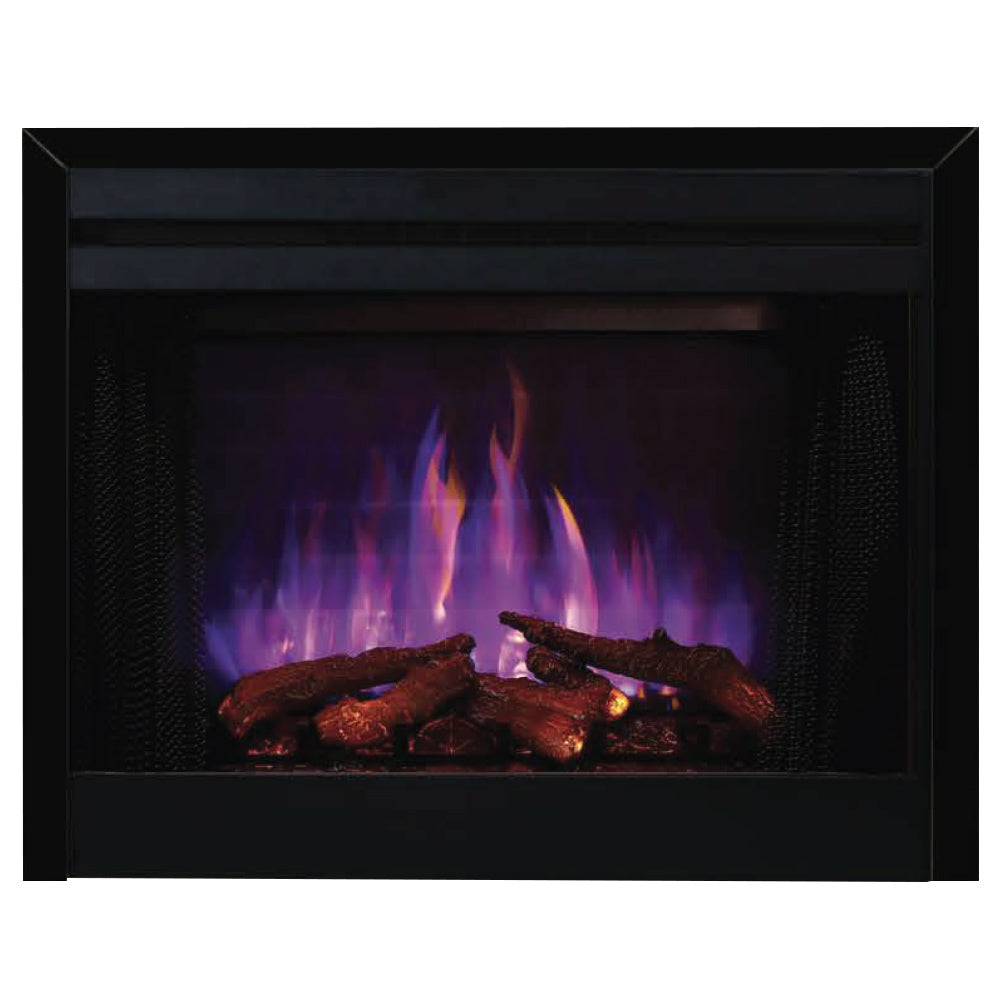 Black built-in electric fireplace with glowing ember bed and charred split oak logs