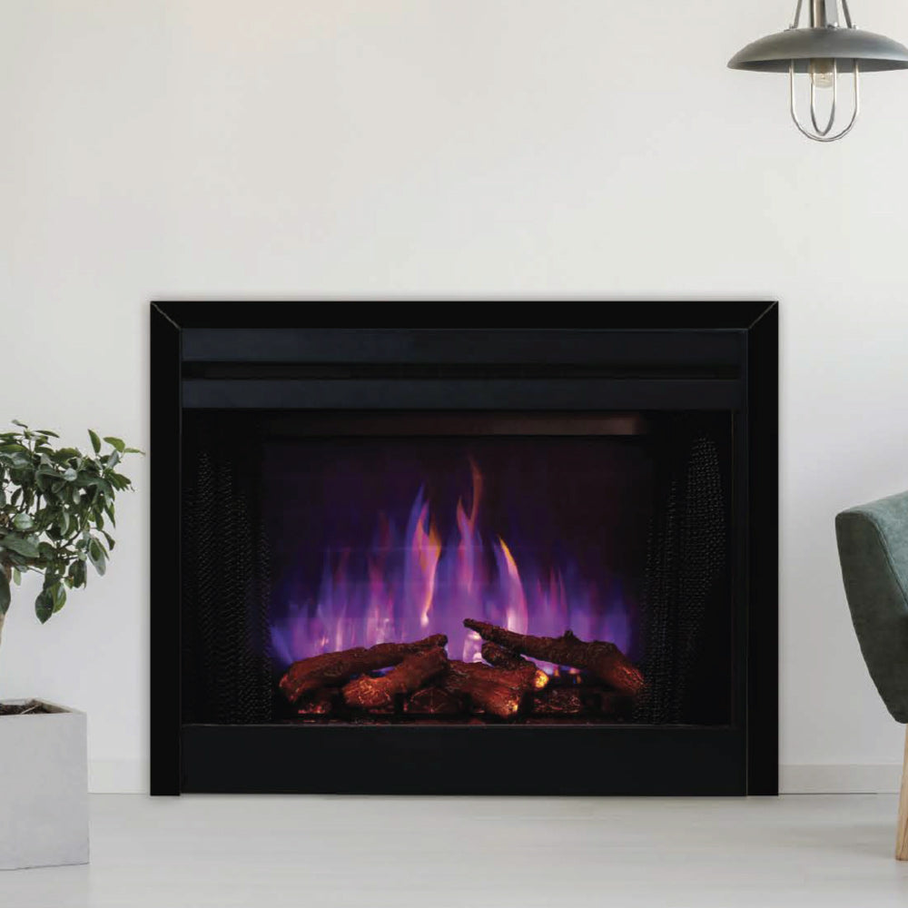 Black built-in electric fireplace insert with glowing ember bed and blue-violet flames