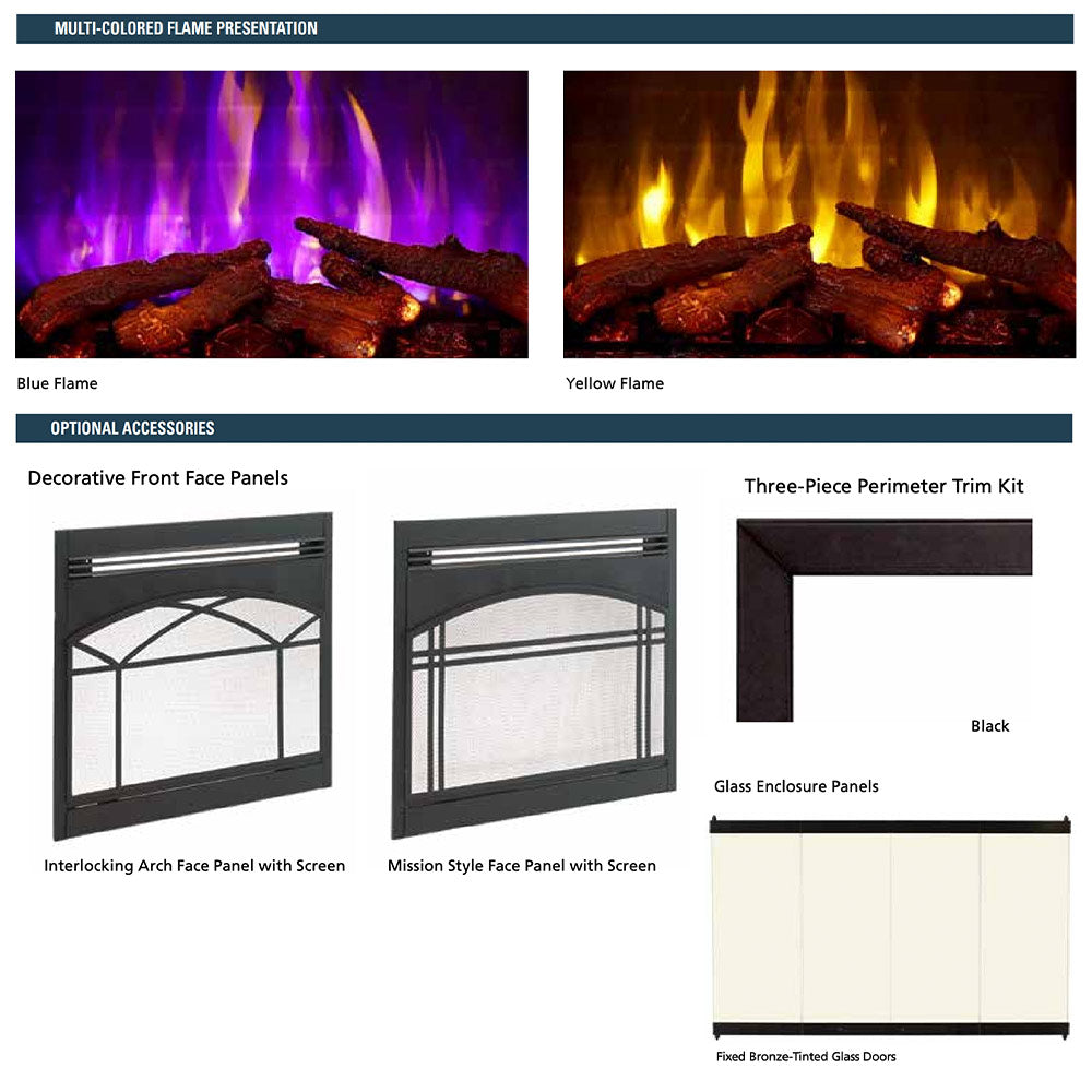 Electric fireplace with multi-color flame display and accessory trim and face panel options