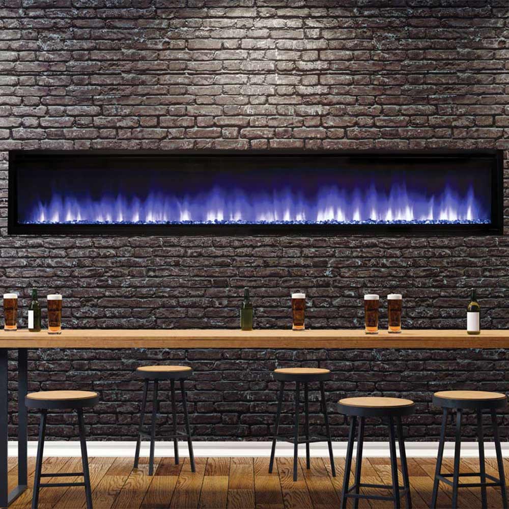 Built-in linear electric fireplace insert with blue flame effect and smoked ember bed