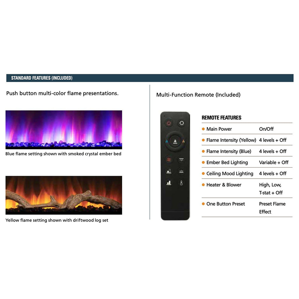 Electric fireplace multi-function remote control and flame settings feature panel