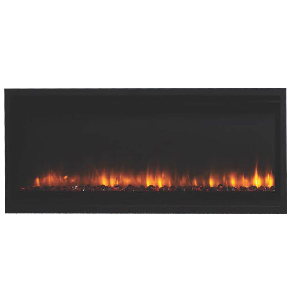 Linear electric fireplace with glowing flames and smoked crystal ember bed