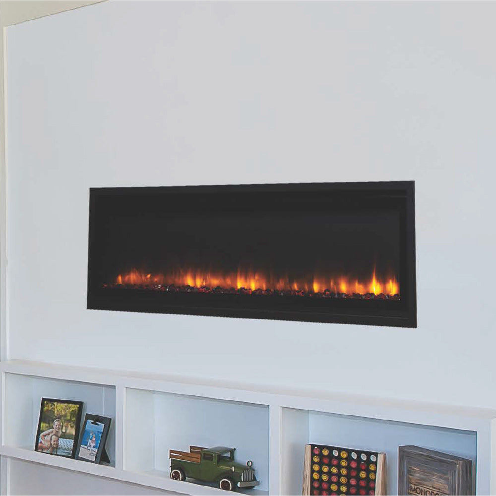 Built-in linear electric fireplace insert with flame and ember bed