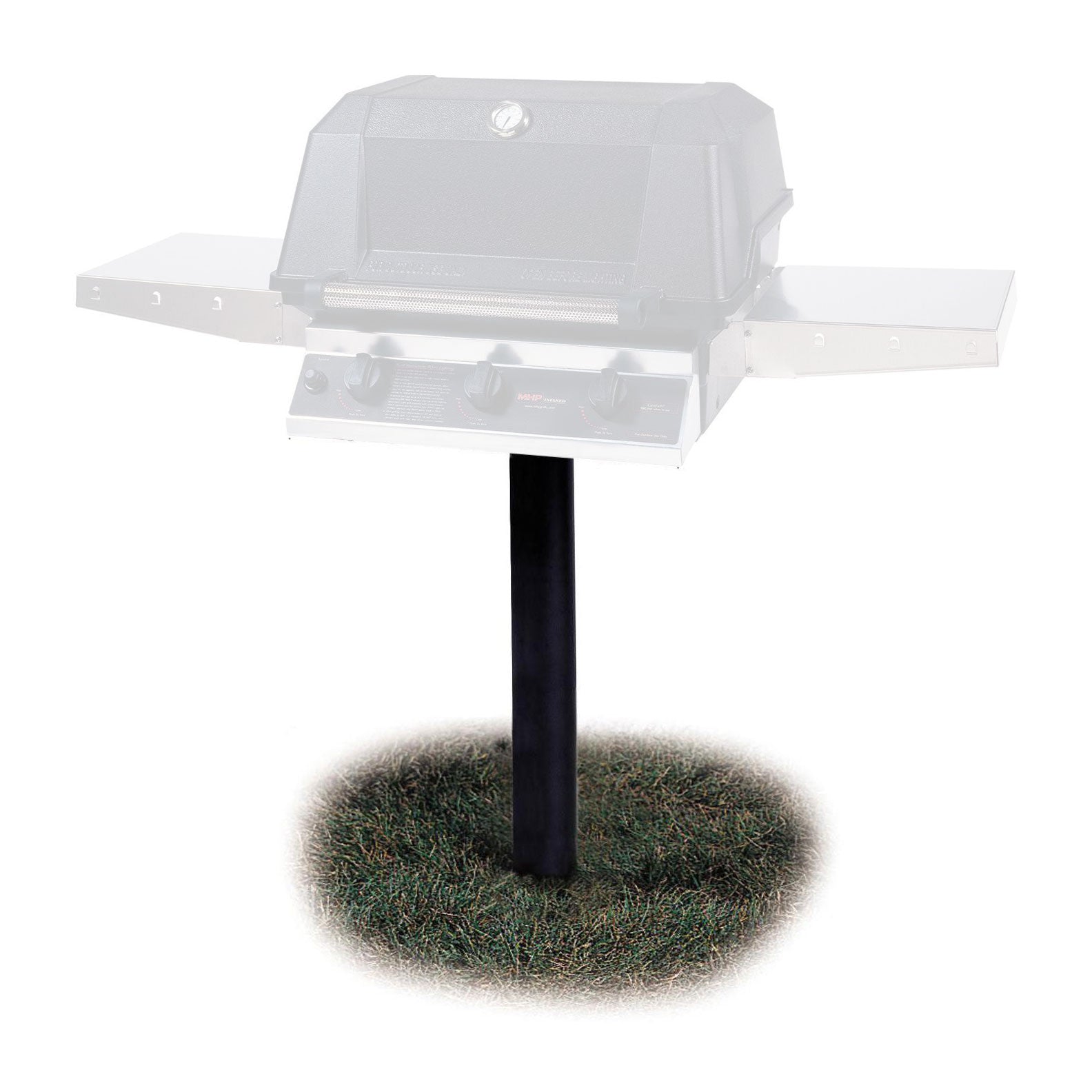 In-ground pedestal stand with black metal post for BBQ grill support