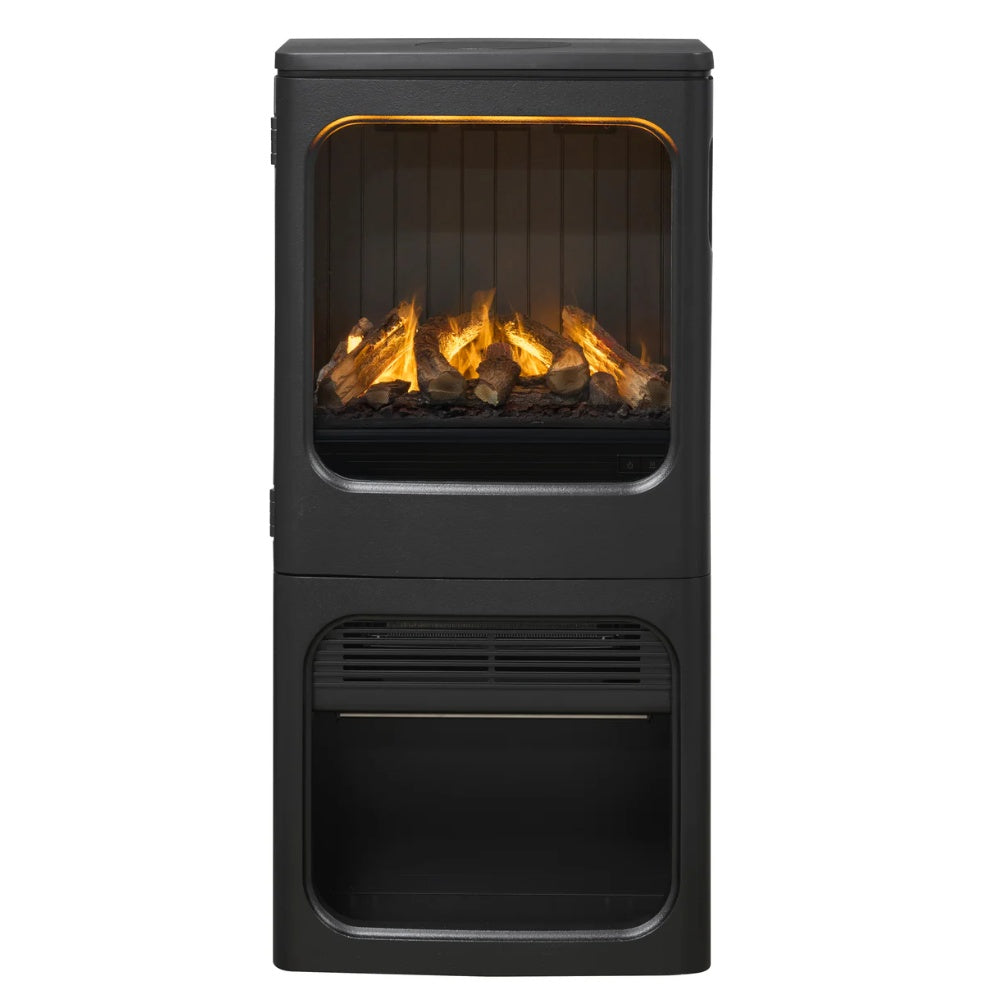 Black electric water vapor stove with flame effect behind glass window and front vent