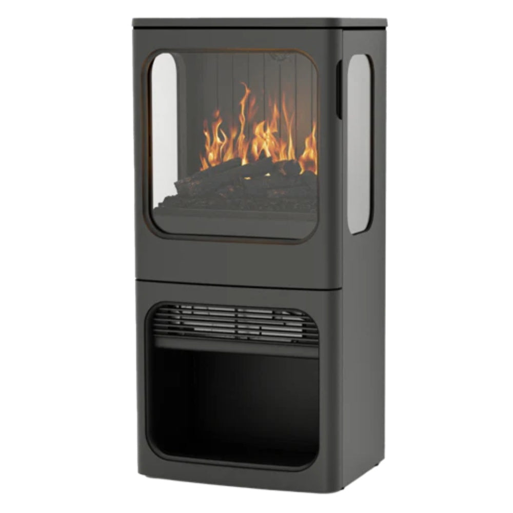 Dark gray stove with flame effect in glass viewing window and side handles
