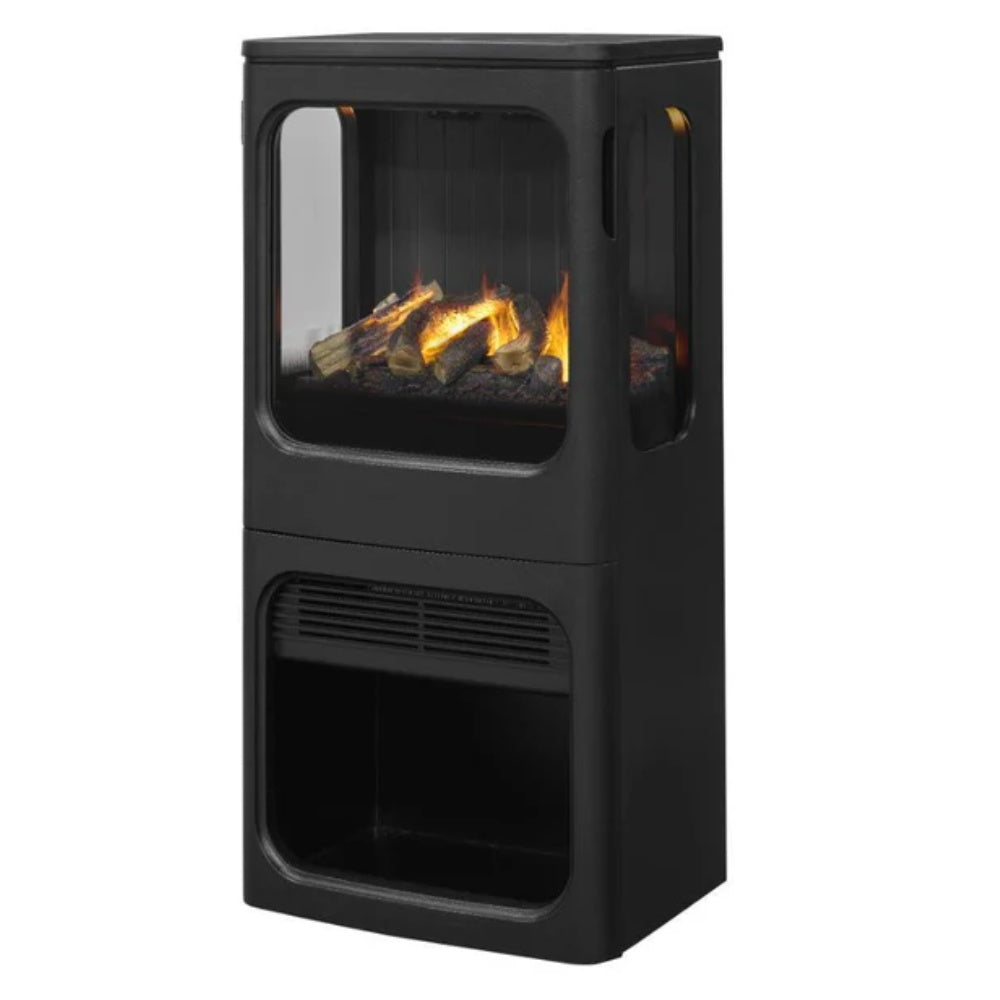 Black stove with flame effect in front glass window and lower vent opening