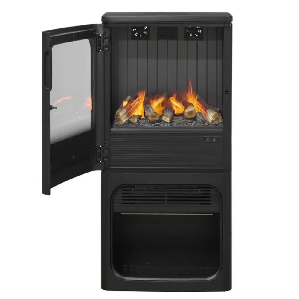 Black water vapor stove with open side door revealing flame bed and lower vent
